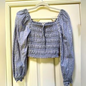 American Eagle Smocked Puffed Sleeve Blue Floral Romantic Blouse Size XS